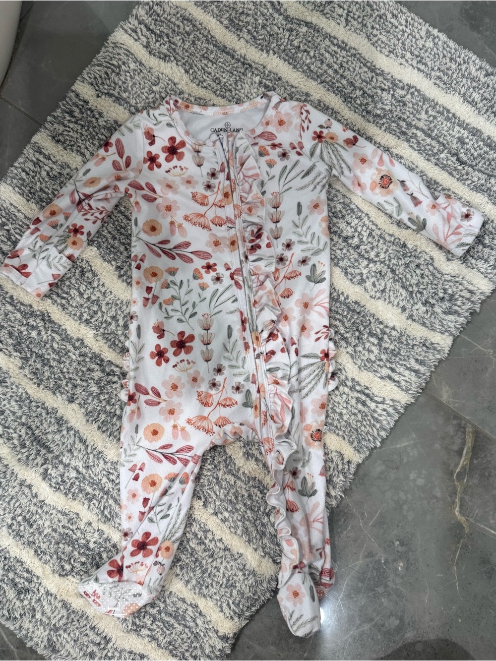 Caden Lane Floral Footed One-Piece - White with Pink & Peach Flowers